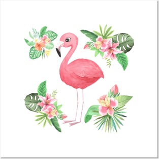 Cute Pink Flamingo Tropical Flowers Posters and Art